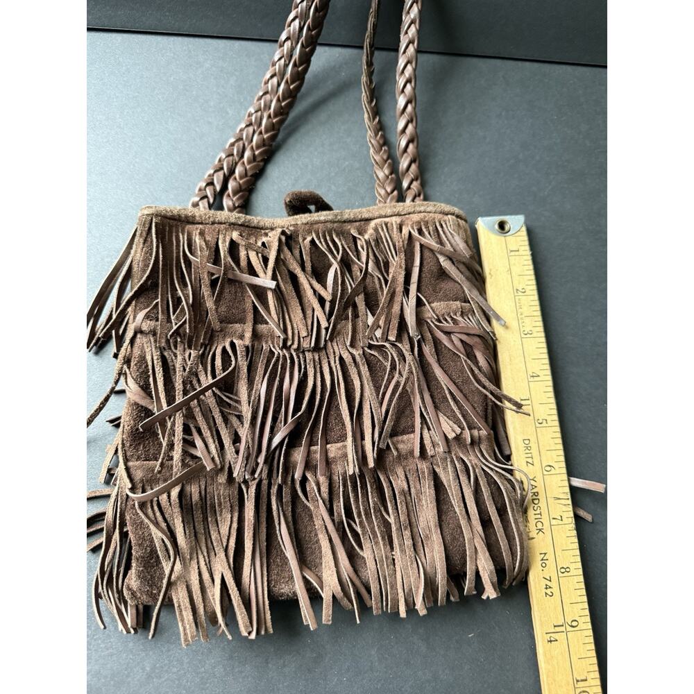Handcrafted Cowhide Natural Leather Suede Fringe Boho Hippie Brown Shoulder Bag - Picture 3 of 6